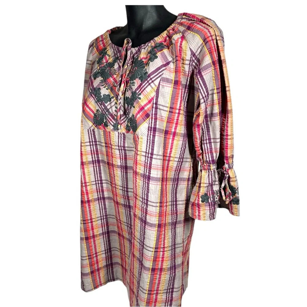 Ivy Jane Plaid Tunic / Dress Size Large 324112 Embroidered 3/4 Bell Sleeves - Picture 5 of 10